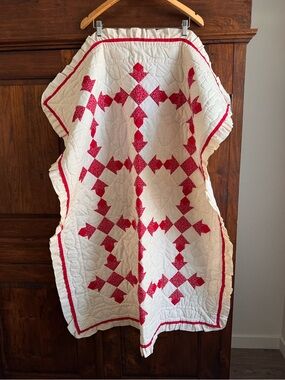 Vintage Handmade Flying Geese quilt pattern Red Cream Micro Floral Ruffle edge